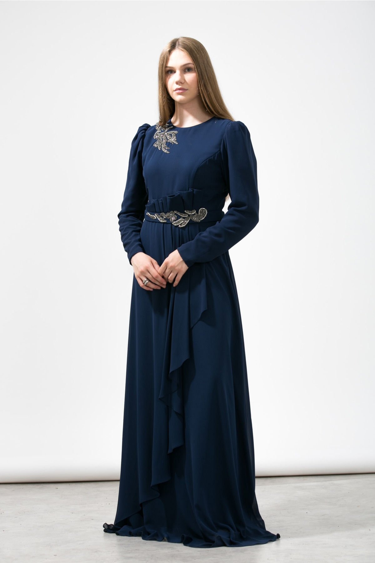 Taşlı Sarmaşık Model Lacivert Abiye
